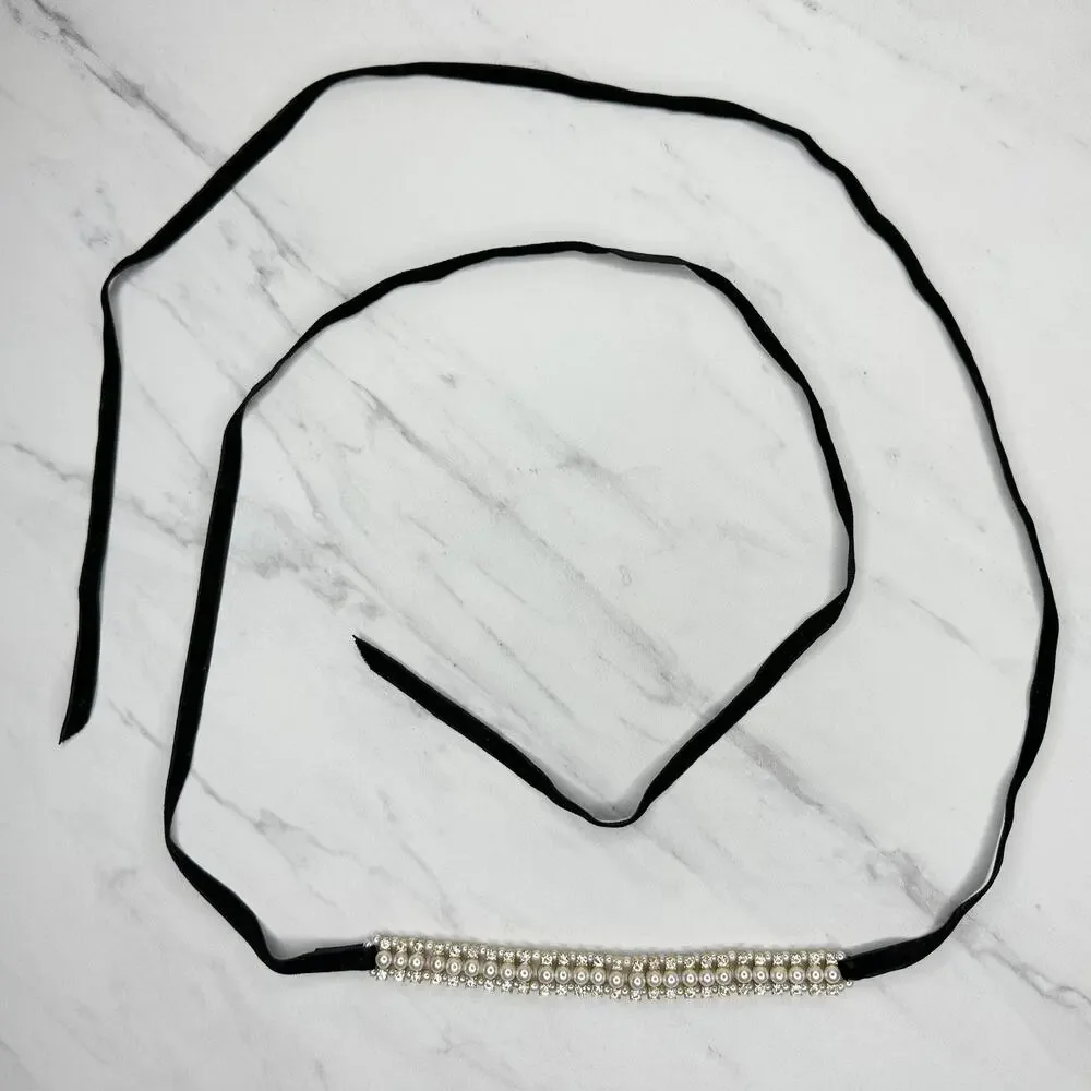 Faux Pearl Rhinestone Ribbon Tie Belt Small (S) ✨